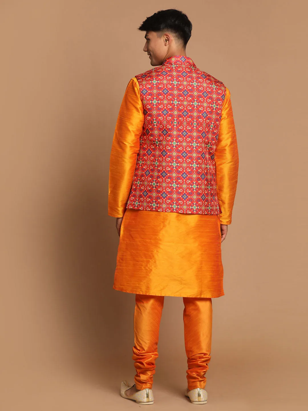 Jashvi Maroon Patola Print Nehru Jacket With Orange kurta Pyjama Set