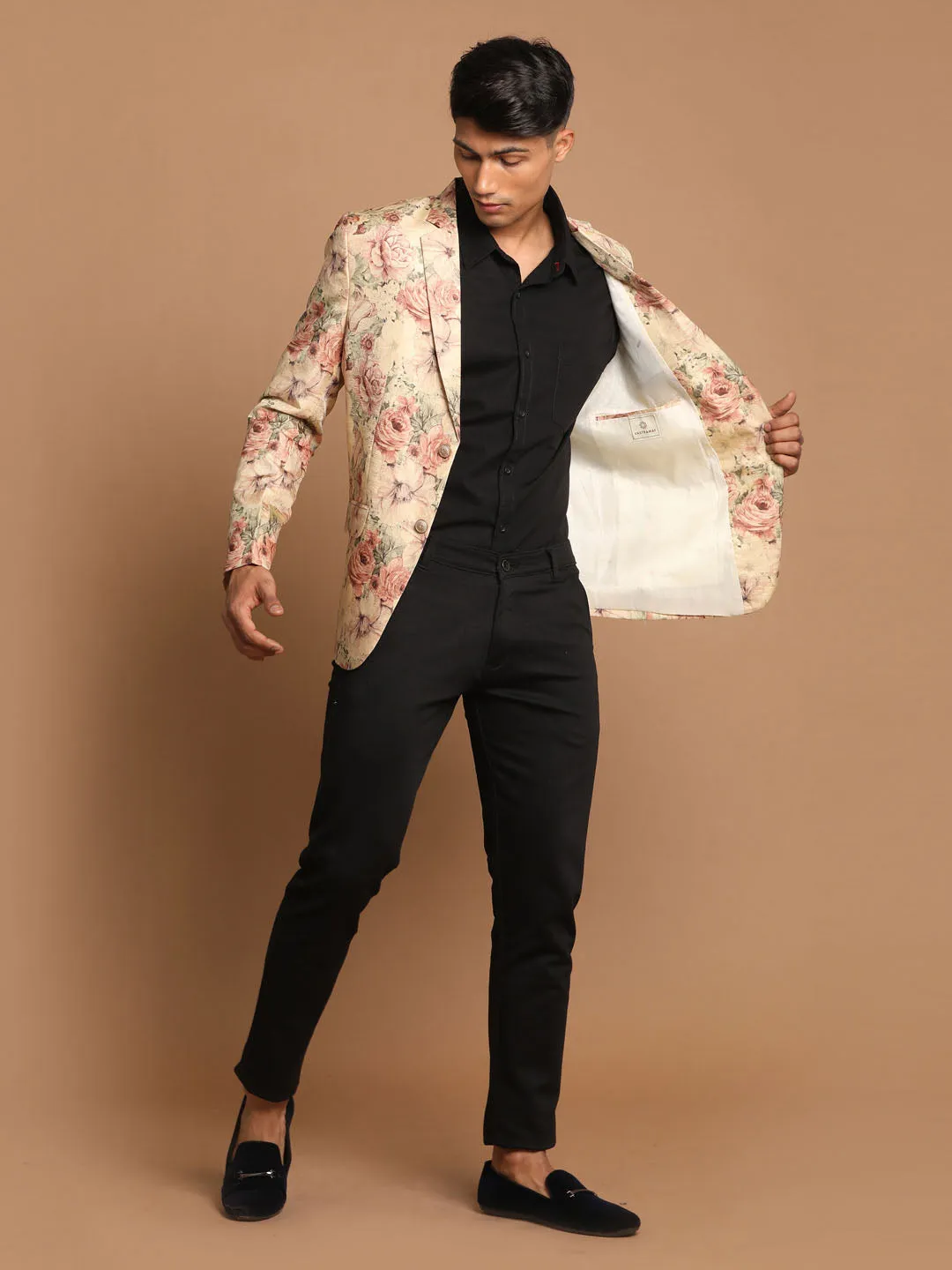 Jashvi Men's Beige Silk Blend Floral Print Blazer