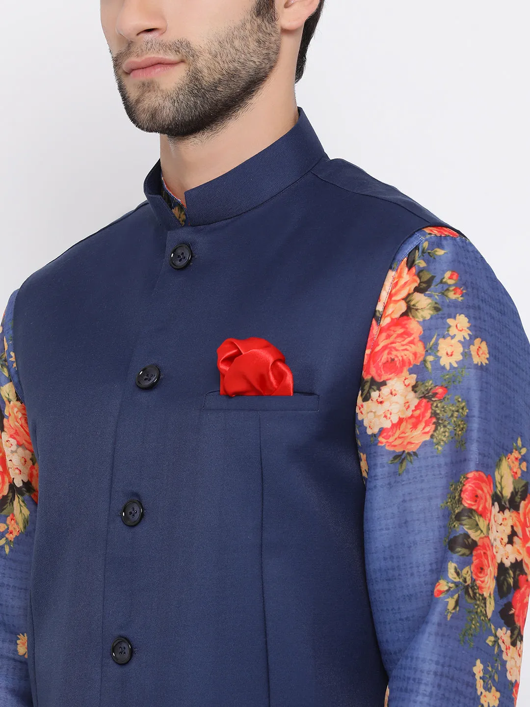 Jashvi Navy Blue Twill Jacket, Printed Kurta and Pyjama Set