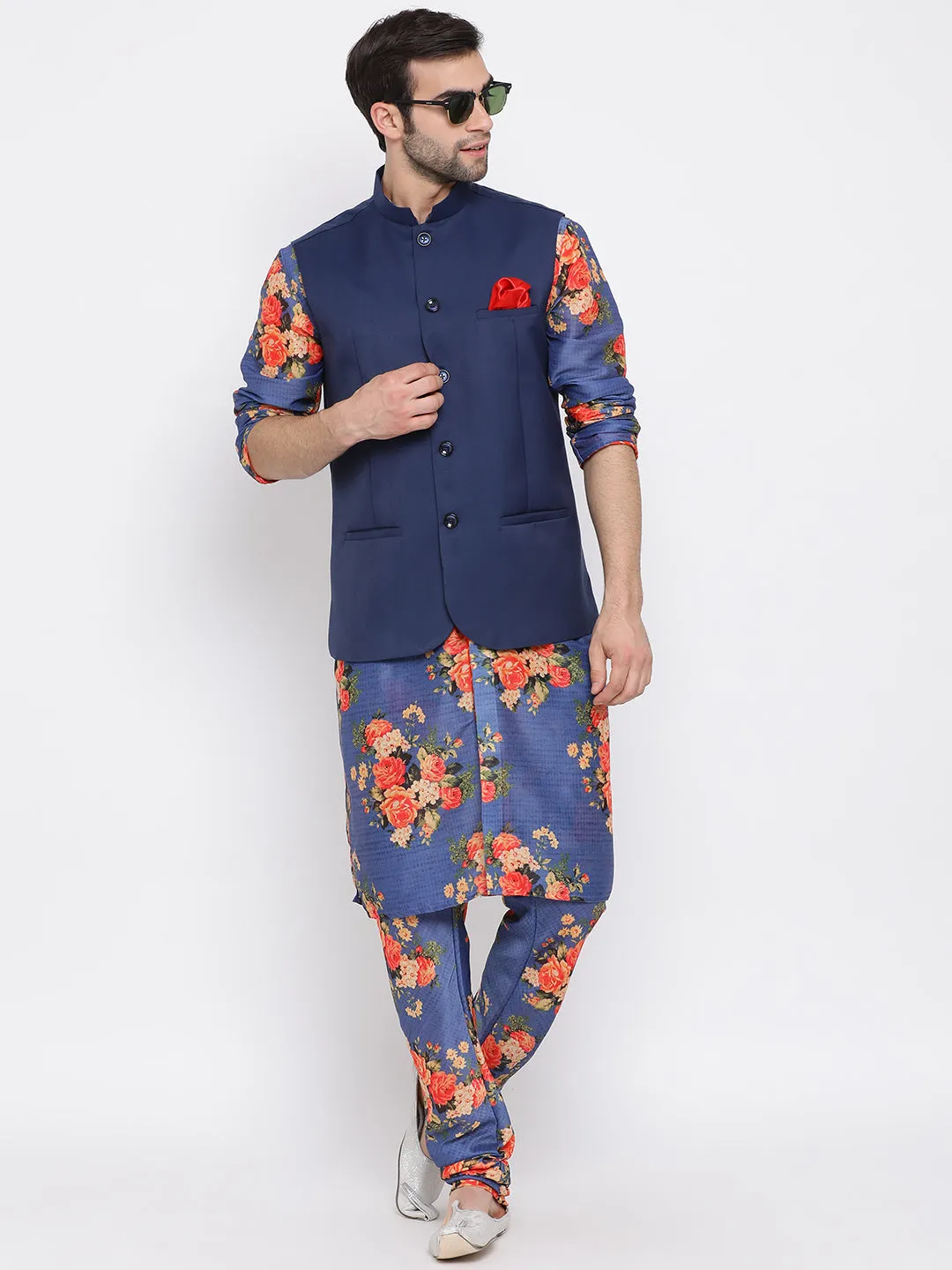 Jashvi Navy Blue Twill Jacket, Printed Kurta and Pyjama Set