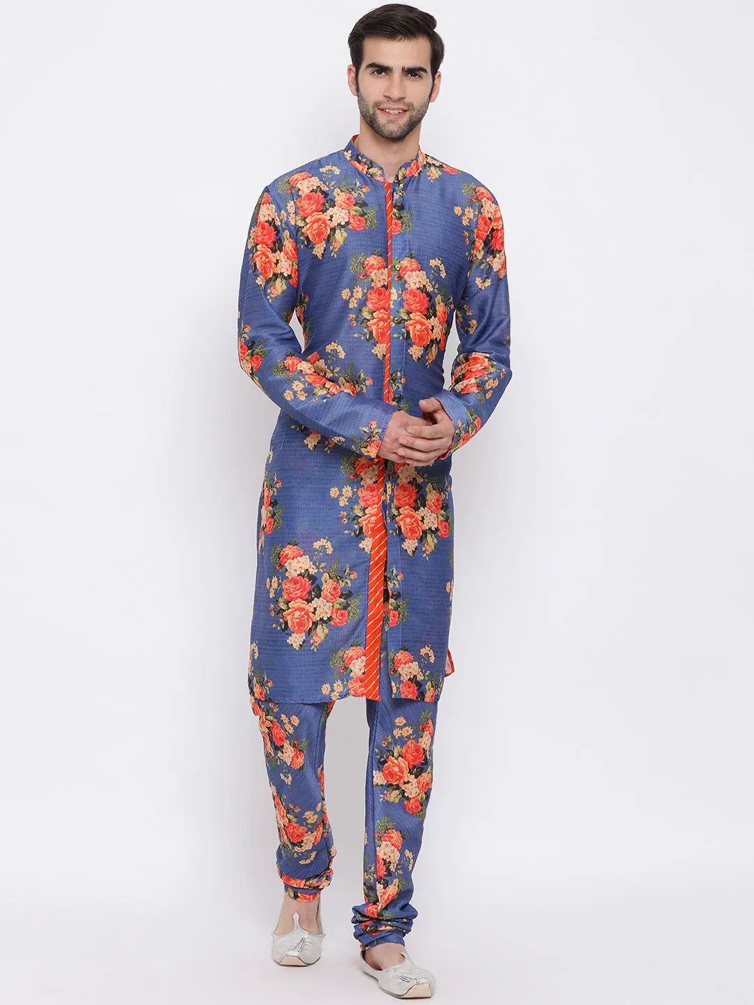 Jashvi Navy Blue Twill Jacket, Printed Kurta and Pyjama Set