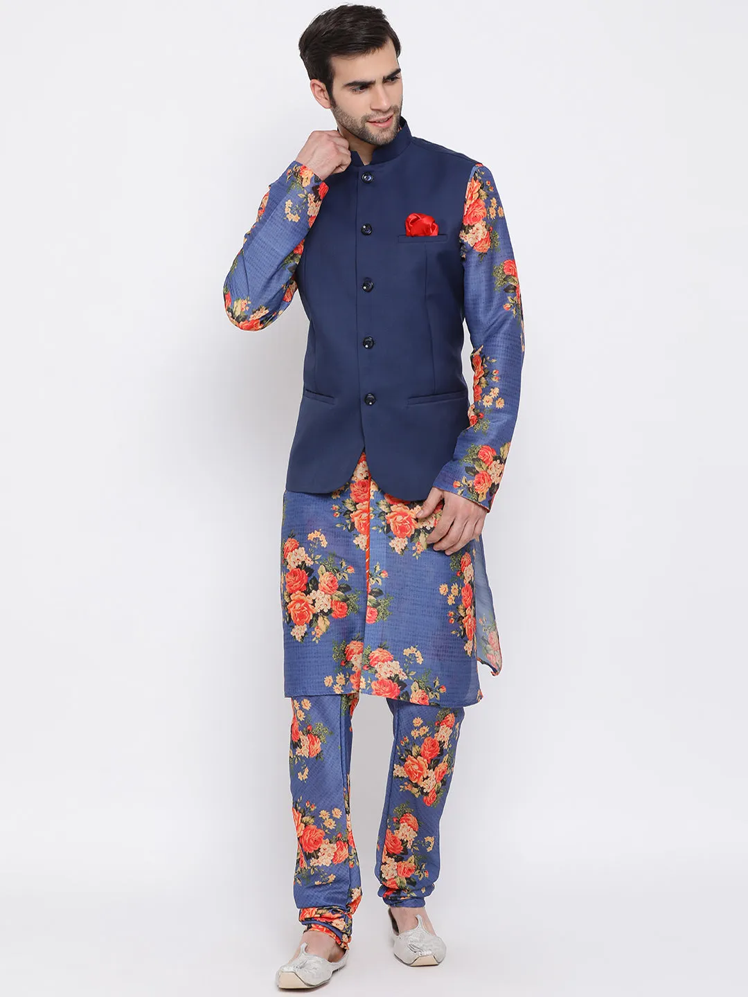 Jashvi Navy Blue Twill Jacket, Printed Kurta and Pyjama Set