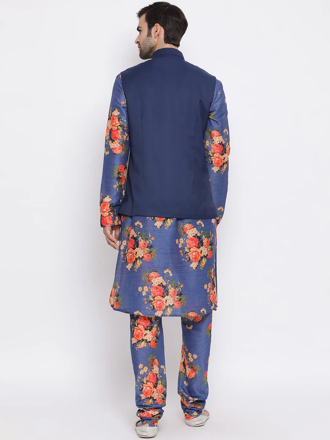 Jashvi Navy Blue Twill Jacket, Printed Kurta and Pyjama Set