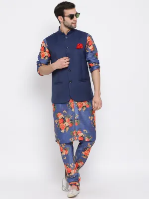 Jashvi Navy Blue Twill Jacket, Printed Kurta and Pyjama Set