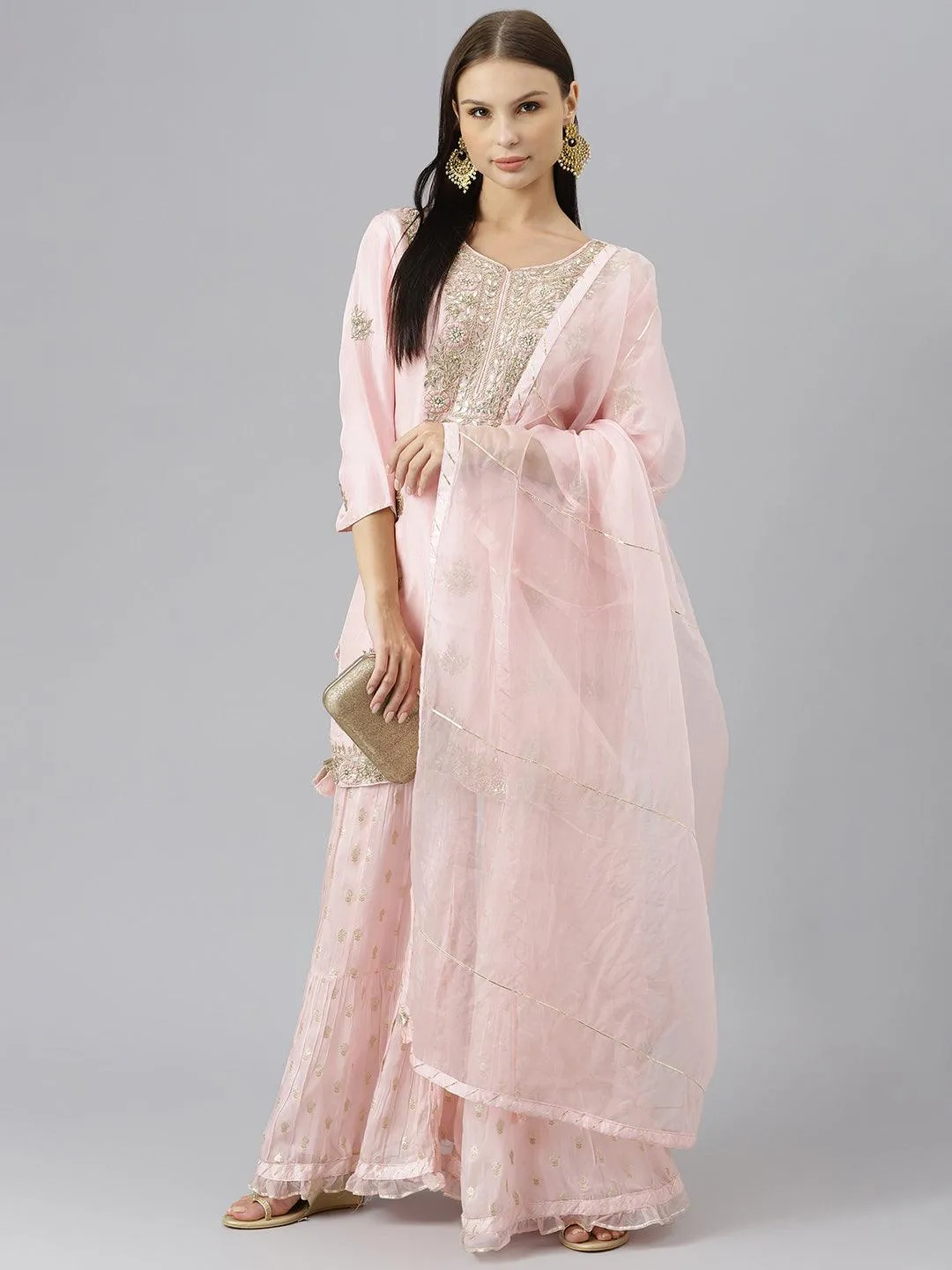 Jashvi Women Pink Yoke Design Zardozi Chanderi Silk Kurta with Sharara & With Dupatta