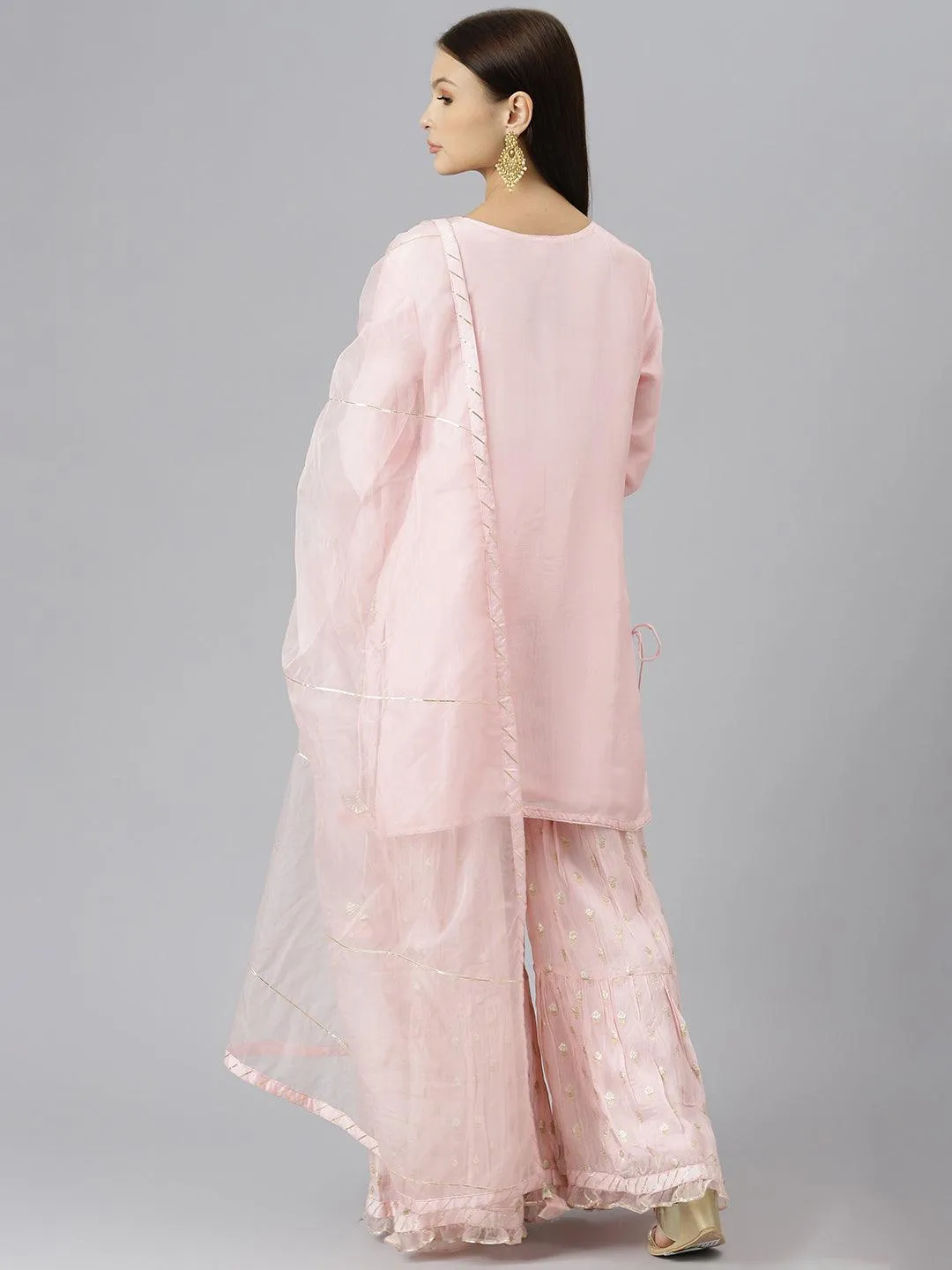 Jashvi Women Pink Yoke Design Zardozi Chanderi Silk Kurta with Sharara & With Dupatta