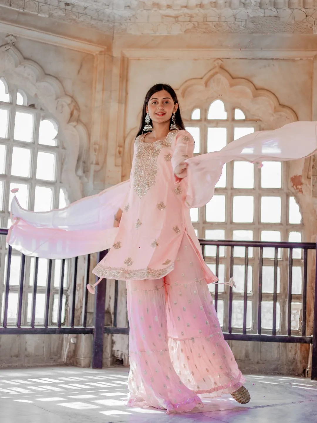 Jashvi Women Pink Yoke Design Zardozi Chanderi Silk Kurta with Sharara & With Dupatta