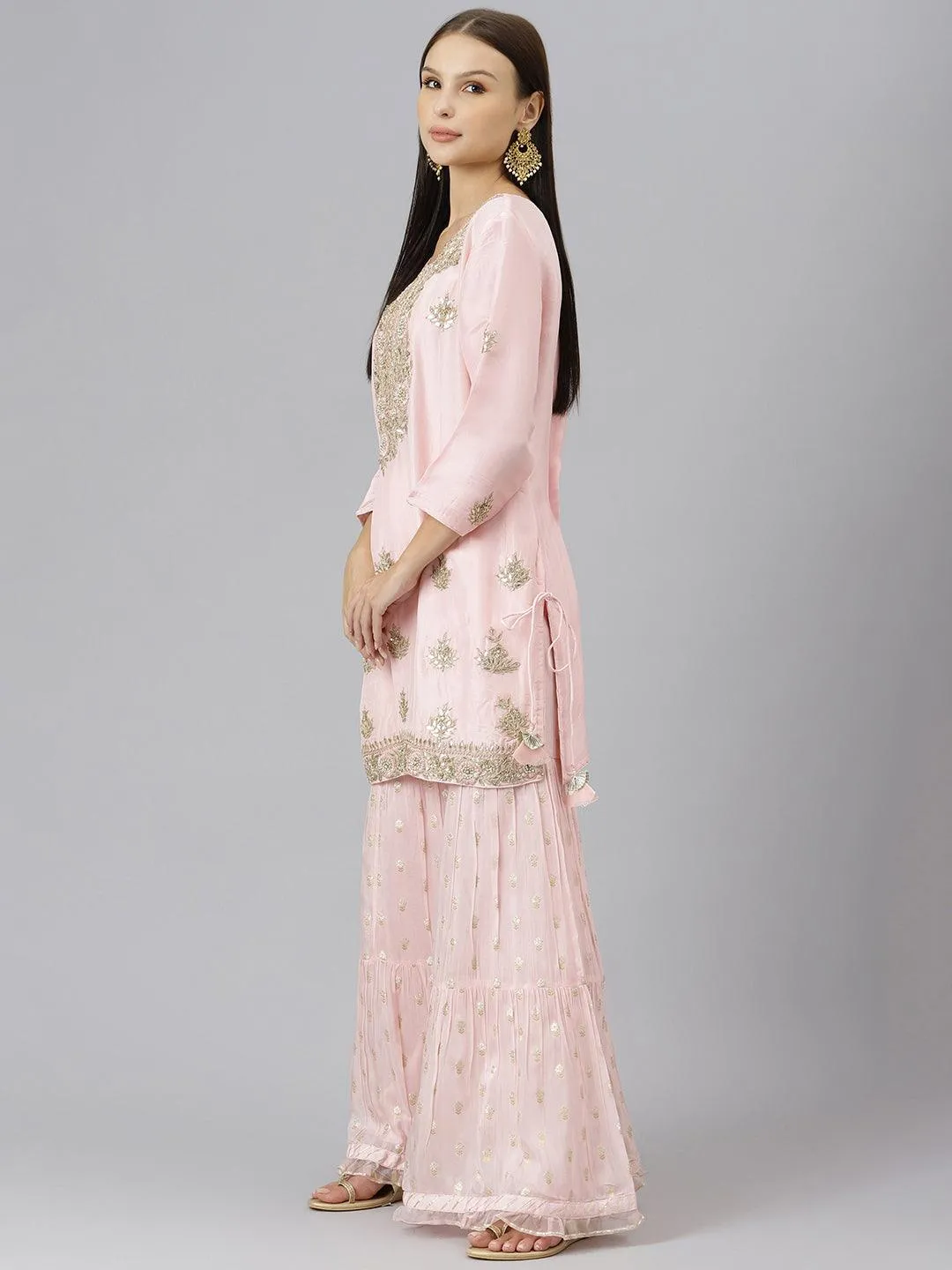 Jashvi Women Pink Yoke Design Zardozi Chanderi Silk Kurta with Sharara & With Dupatta