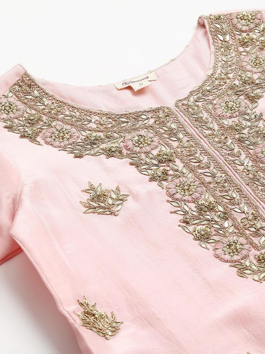 Jashvi Women Pink Yoke Design Zardozi Chanderi Silk Kurta with Sharara & With Dupatta