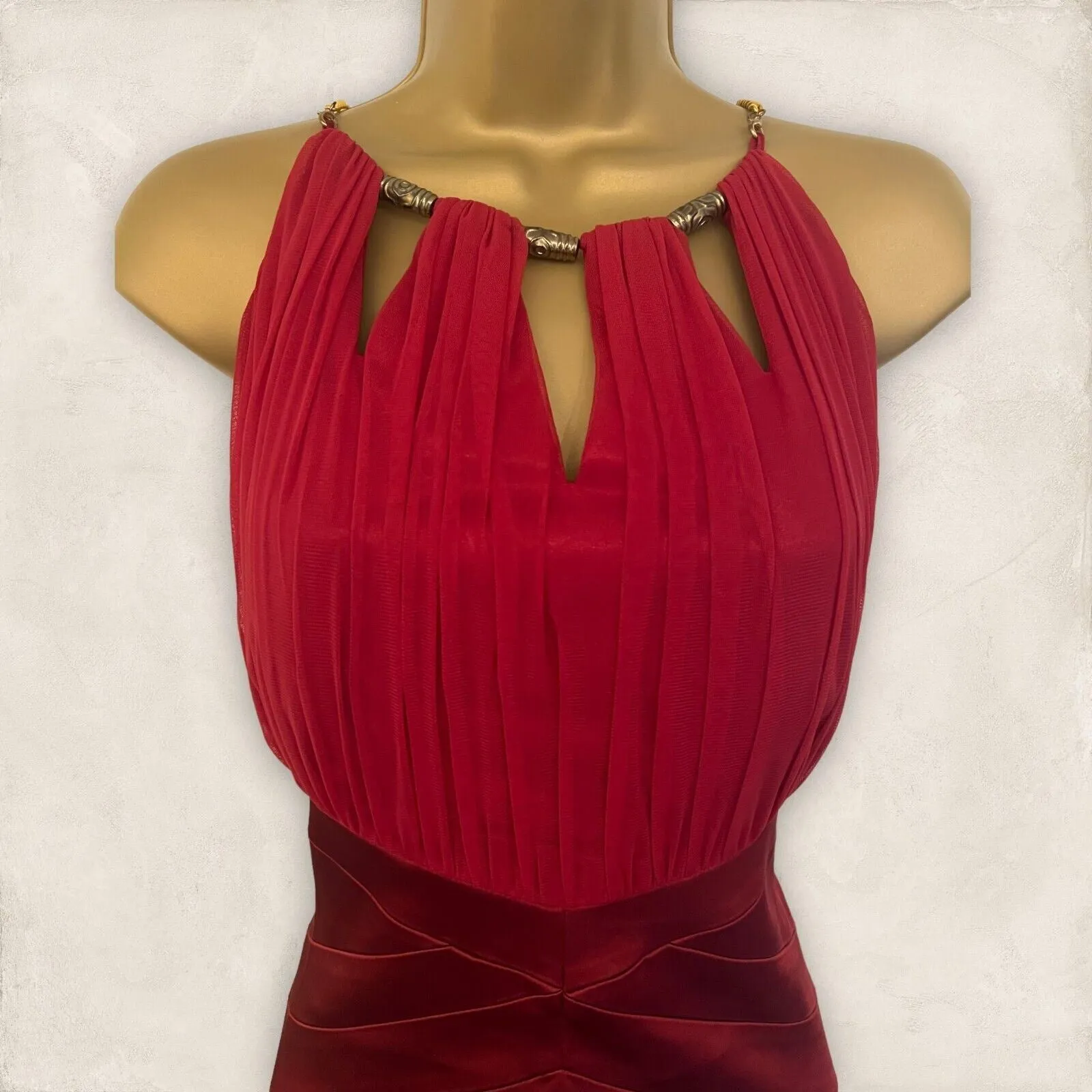 Jax Red Satin & & Mesh Ruched Bodice Cocktail Dress UK 12 US 8 EU 40