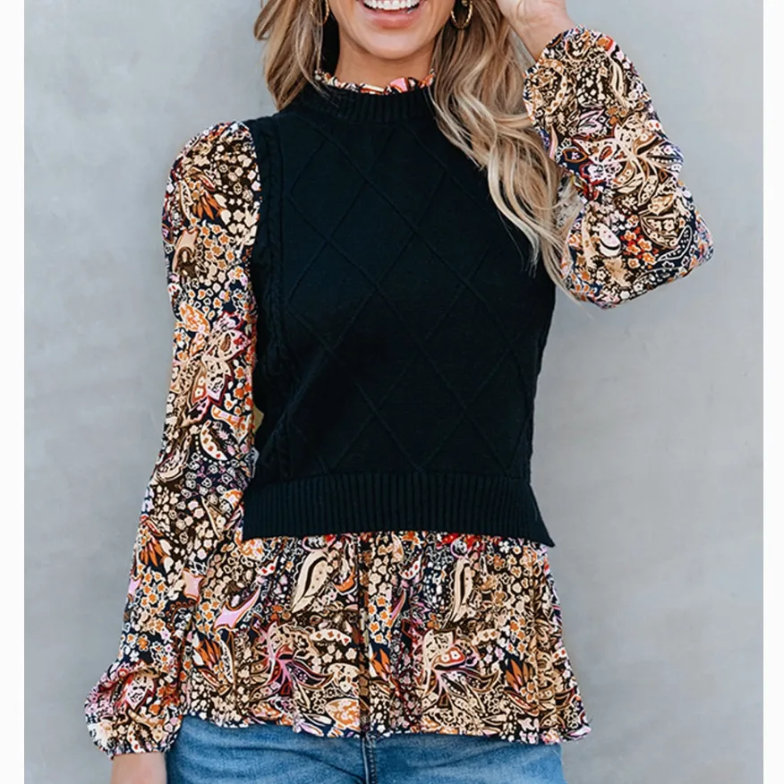 Jessi Contrast Floral Sleeve Peplum Sweater