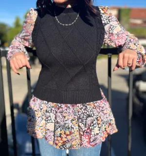 Jessi Contrast Floral Sleeve Peplum Sweater