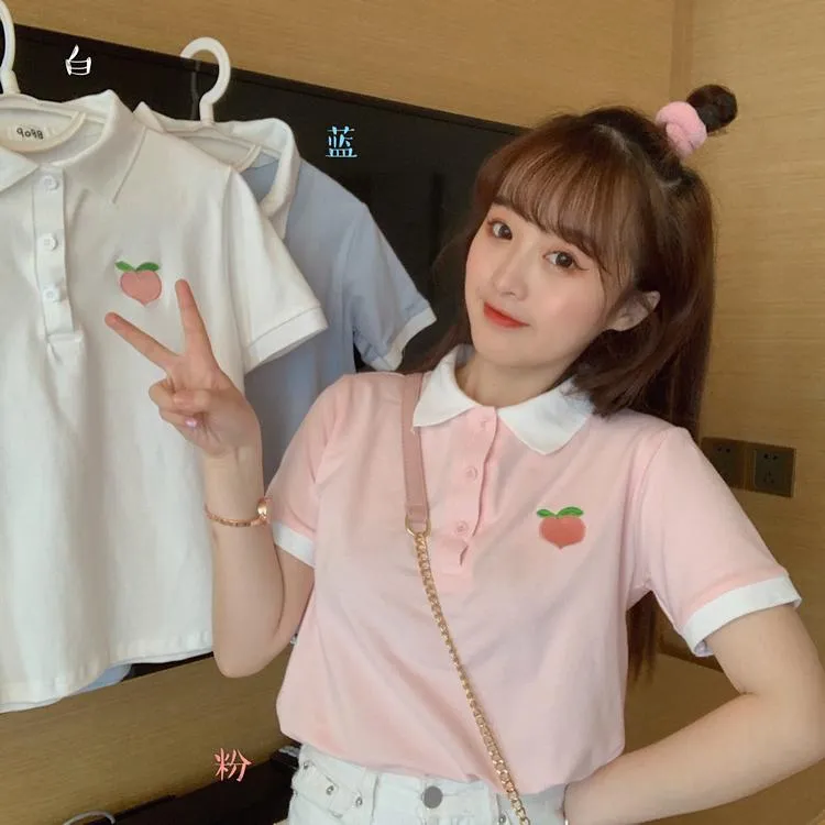 Kawaii Embroidered Contrast Color Shirt