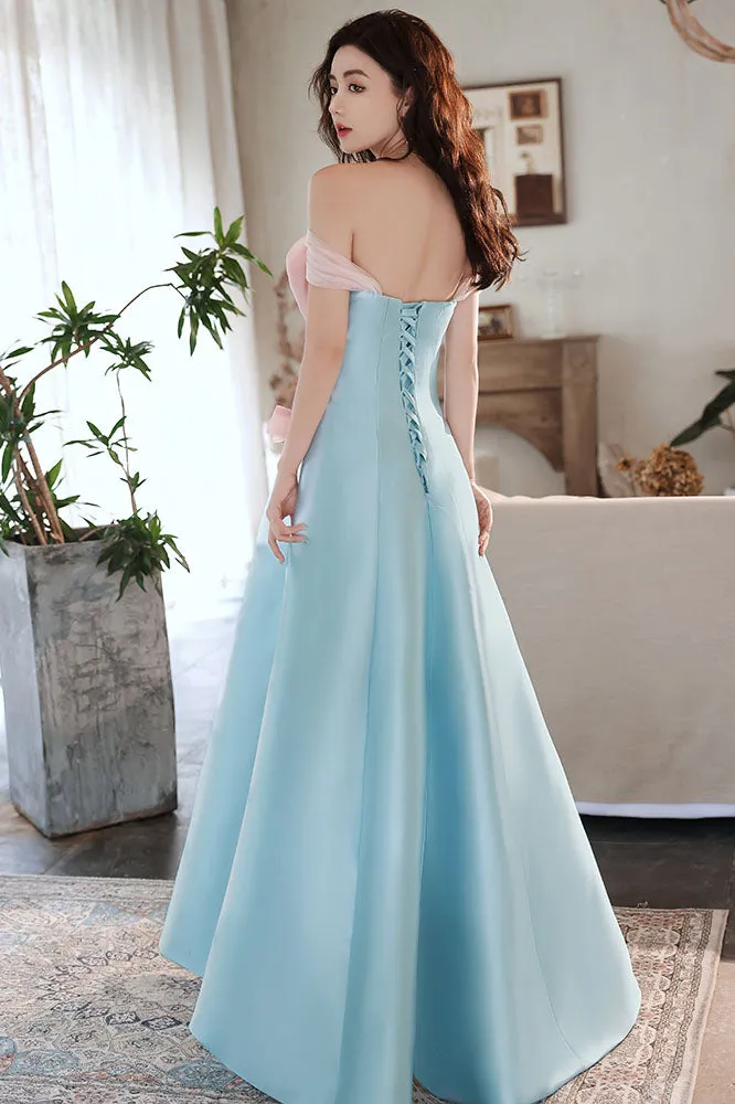 Light Blue A Line Off the Shoulder Floor Length Satin Prom Dress with Bowknot UQP0114