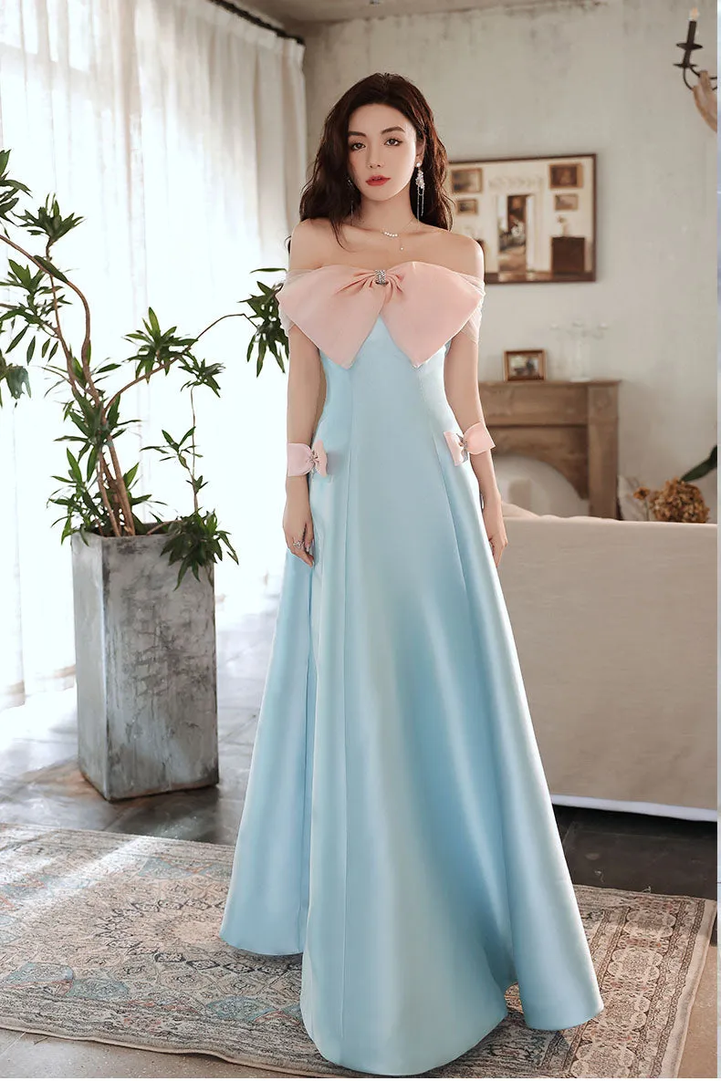 Light Blue A Line Off the Shoulder Floor Length Satin Prom Dress with Bowknot UQP0114