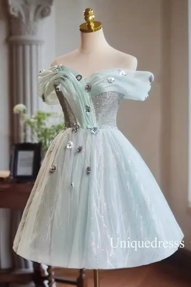 Light Green Off the Shoulder Tulle Hoco Dress with flowers, Short Prom Gown UQH0242