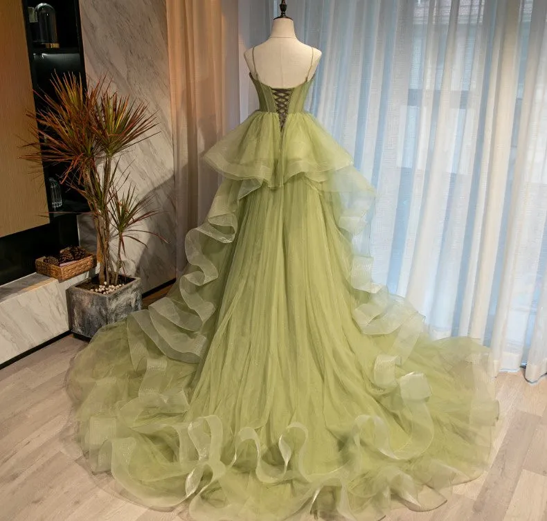 Light Green Tulle Layers Ball Gown Wedding Party Dress, Long Evening Dress Prom Dress