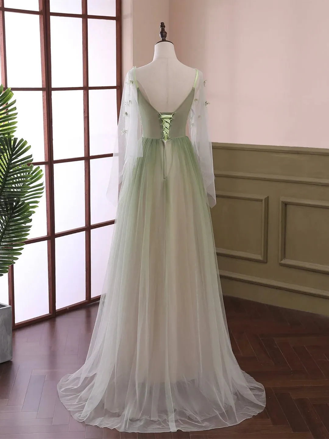 Light Green Tulle Long Sleeve Prom Dress Green Gradient Floor Length Evening Dress