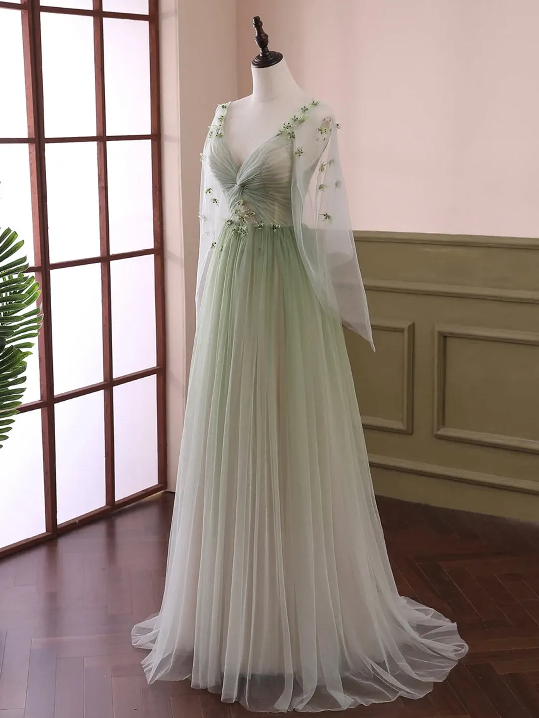 Light Green Tulle Long Sleeve Prom Dress Green Gradient Floor Length Evening Dress