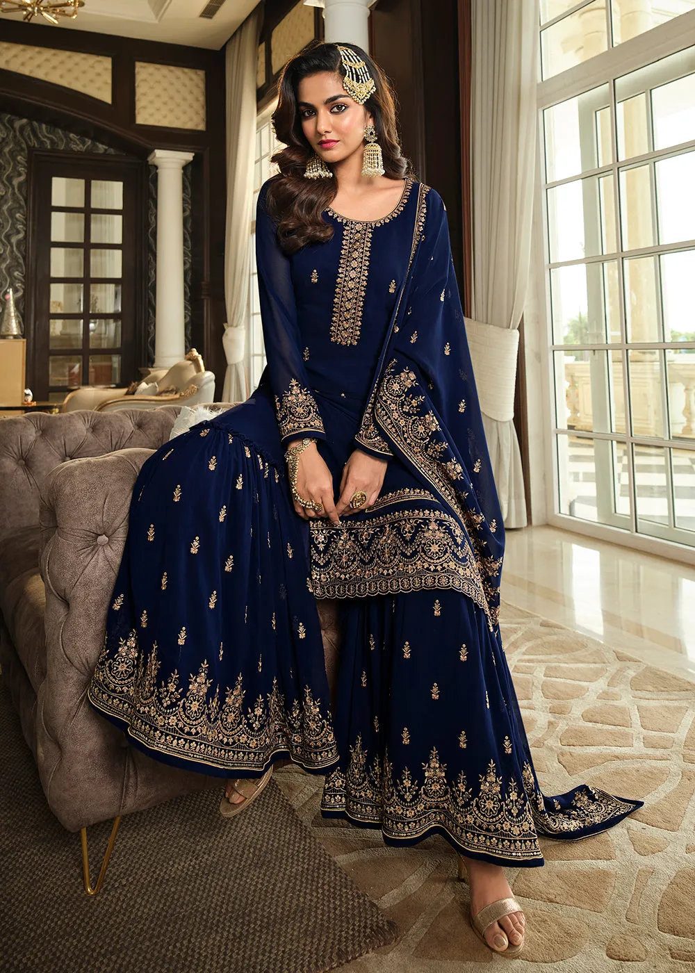 Lovely Blue Embroidered Georgette Pakistani Gharara Suit