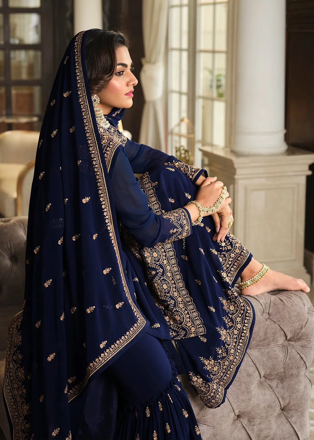 Lovely Blue Embroidered Georgette Pakistani Gharara Suit