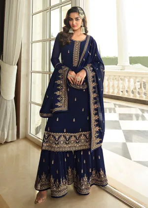 Lovely Blue Embroidered Georgette Pakistani Gharara Suit