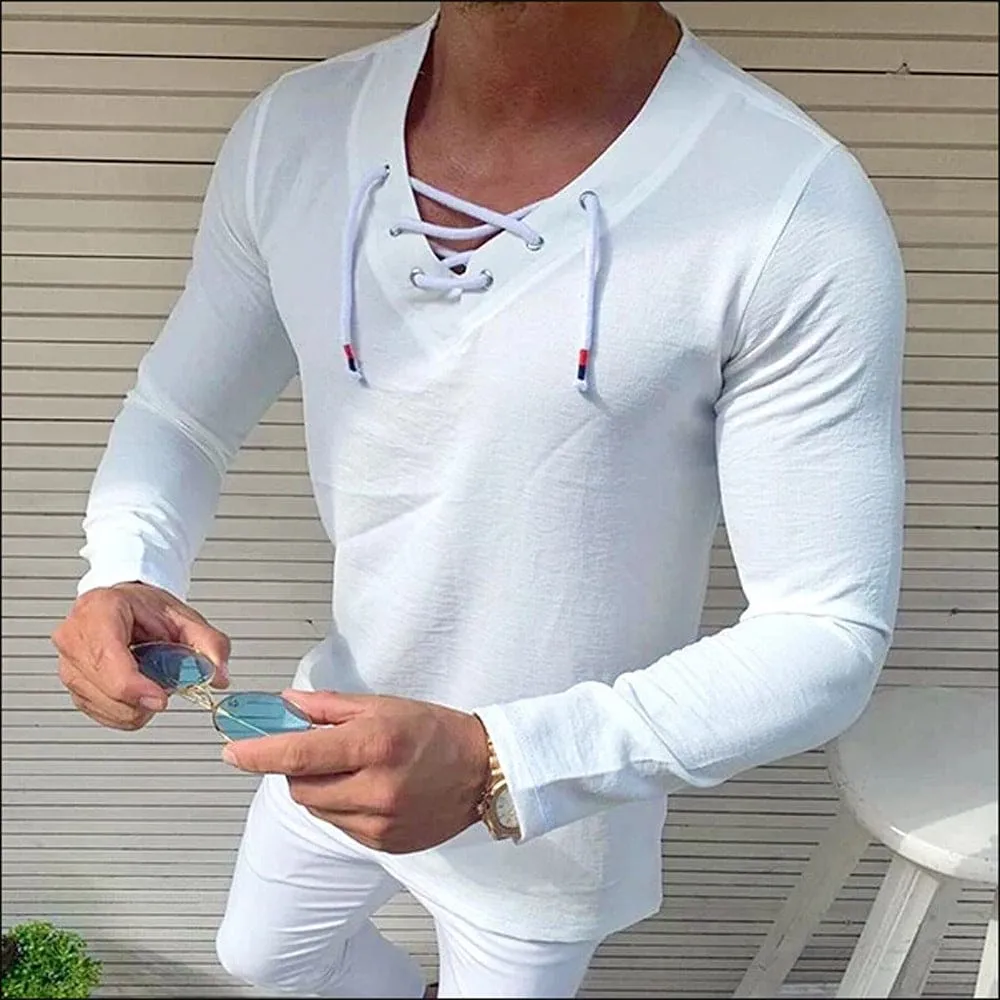 Men V-Neck Criss Cross Lace Up Long Sleeve Shirt