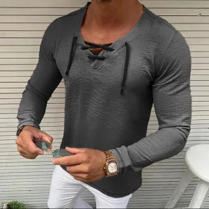 Men V-Neck Criss Cross Lace Up Long Sleeve Shirt