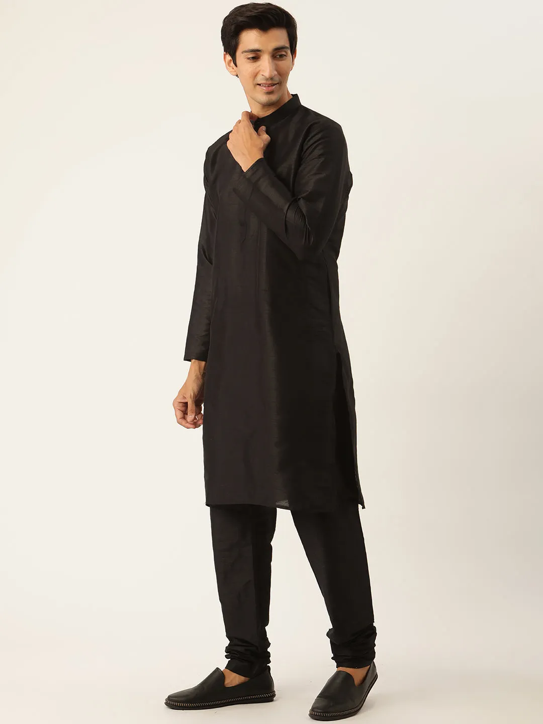 Men's Silk Blend Black Kurta Pyjama & Beige Jacket Combo - Sojanya