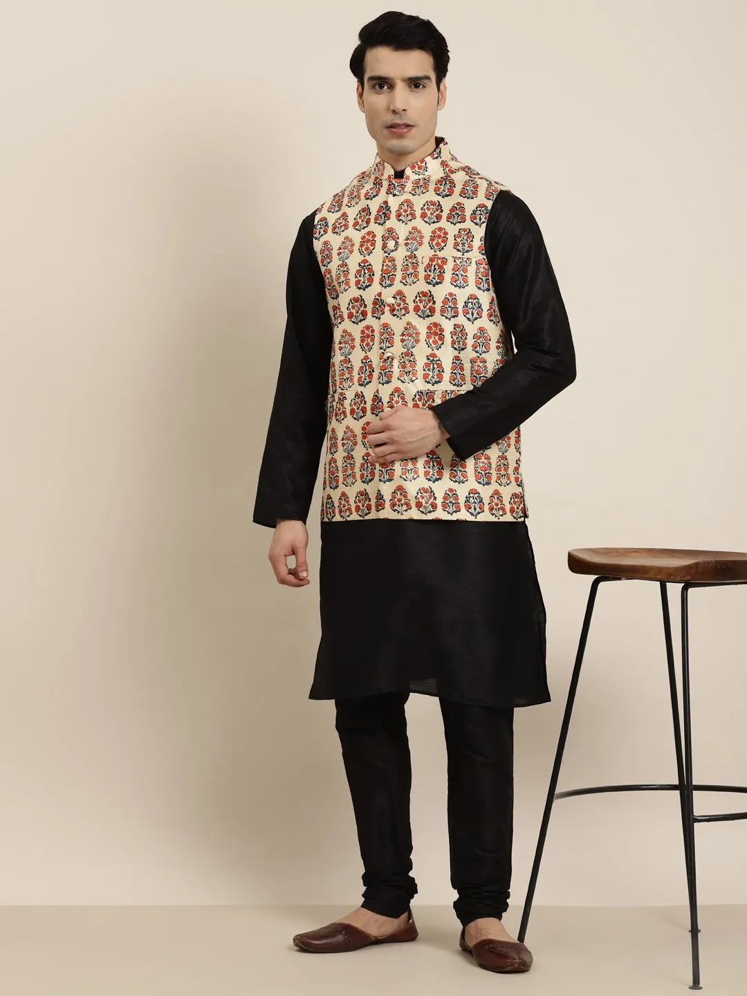 Men's Silk Blend Black Kurta Pyjama & Silk Blend Beige Printed Nehrujacket - Sojanya