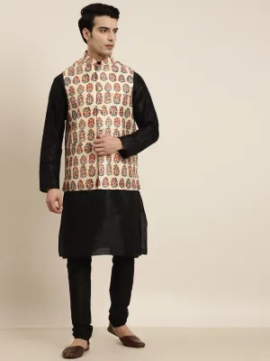 Men's Silk Blend Black Kurta Pyjama & Silk Blend Beige Printed Nehrujacket - Sojanya