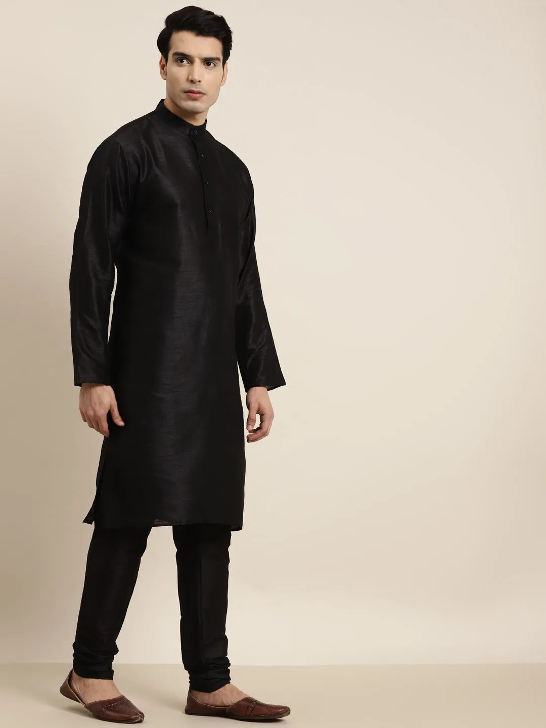 Men's Silk Blend Black Kurta Pyjama & Silk Blend Beige Printed Nehrujacket - Sojanya