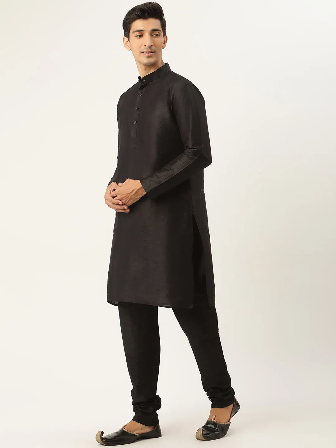 Men's Silk Blend Black Kurta Pyjama & Tan Nehrujacket Combo - Sojanya