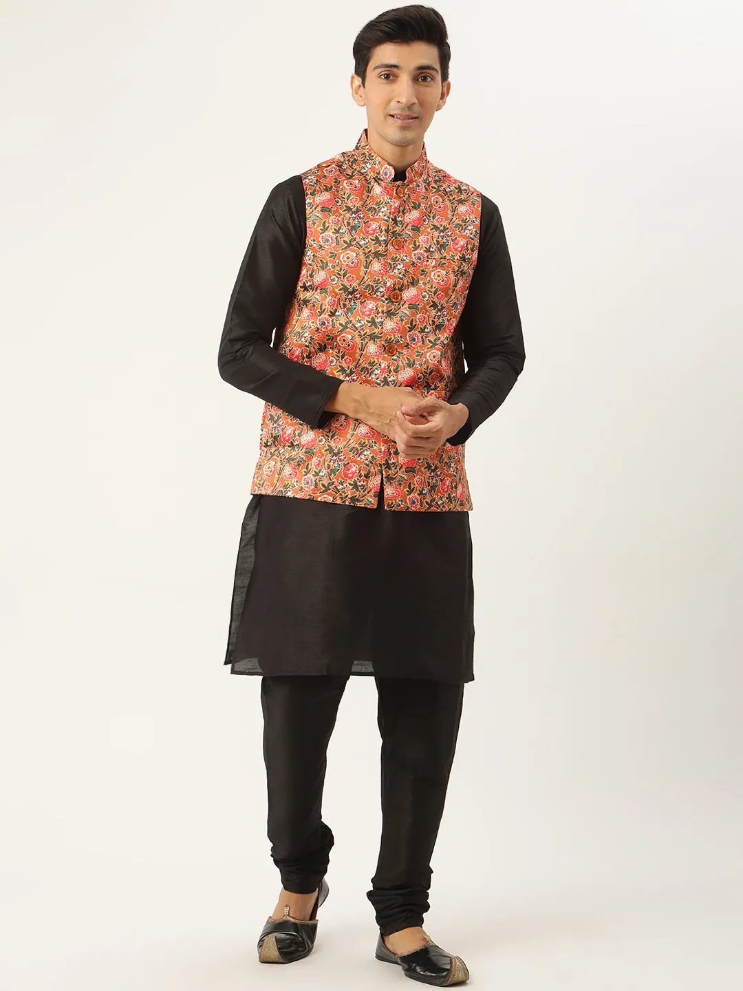 Men's Silk Blend Black Kurta Pyjama & Tan Nehrujacket Combo - Sojanya