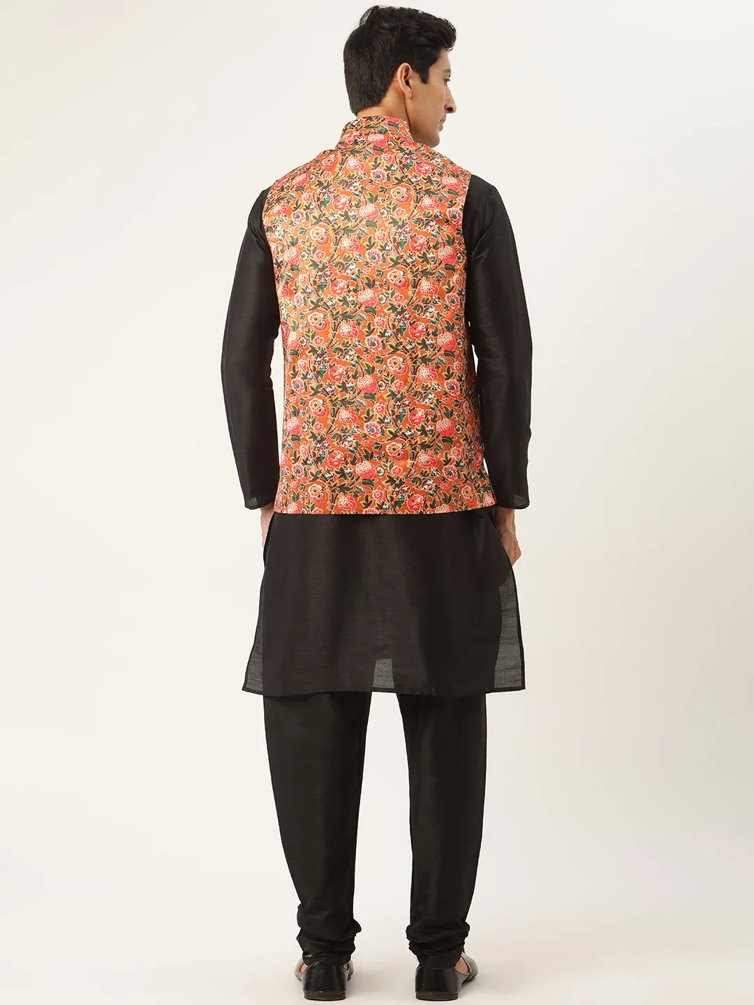 Men's Silk Blend Black Kurta Pyjama & Tan Nehrujacket Combo - Sojanya