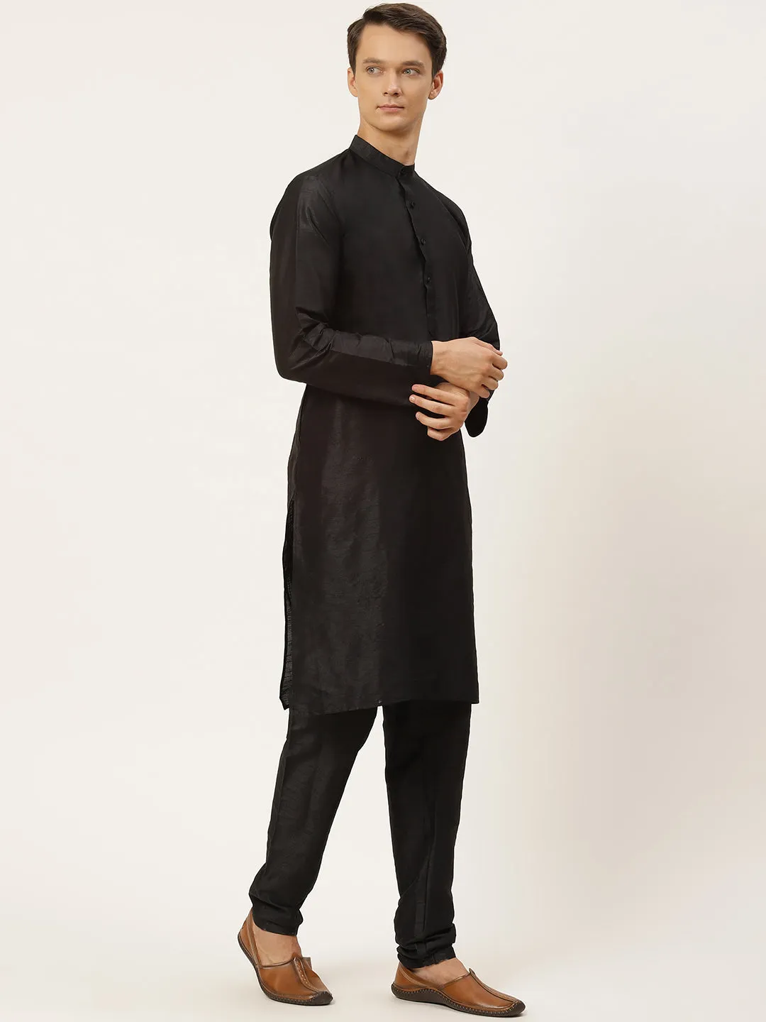 Men's Silk Blend Black Kurta Pyjama & Yellow Jacket Combo - Sojanya