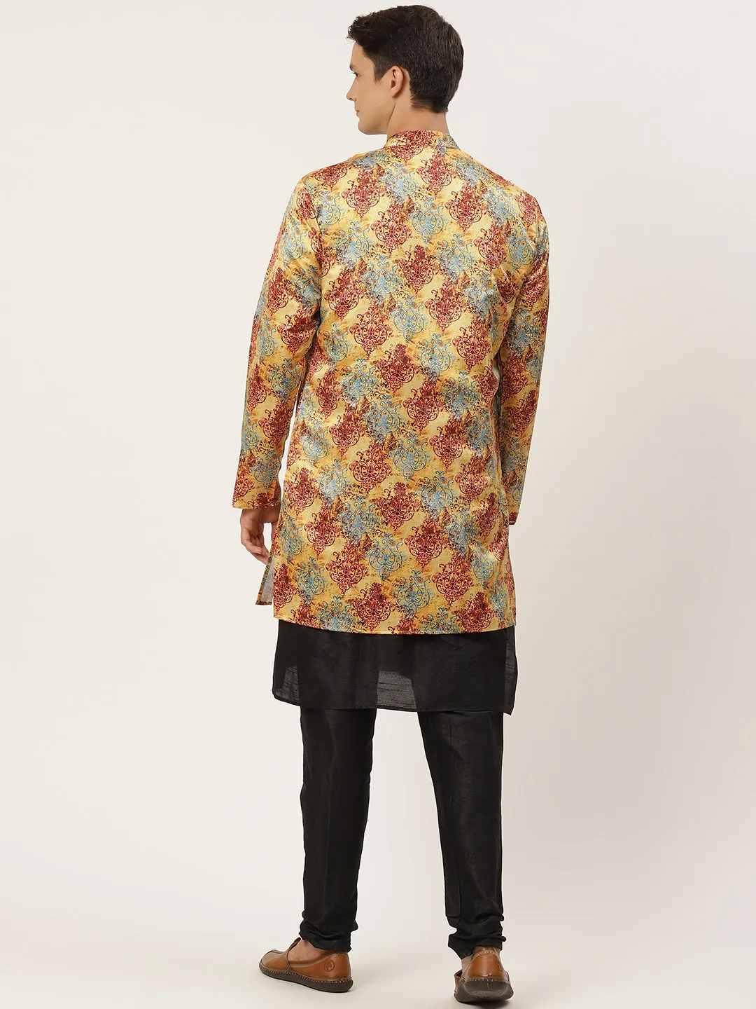 Men's Silk Blend Black Kurta Pyjama & Yellow Jacket Combo - Sojanya