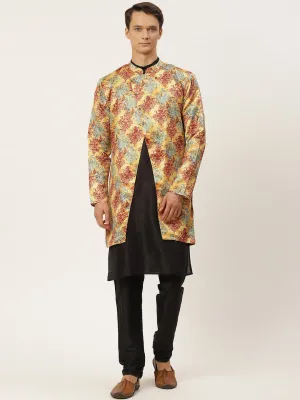 Men's Silk Blend Black Kurta Pyjama & Yellow Jacket Combo - Sojanya