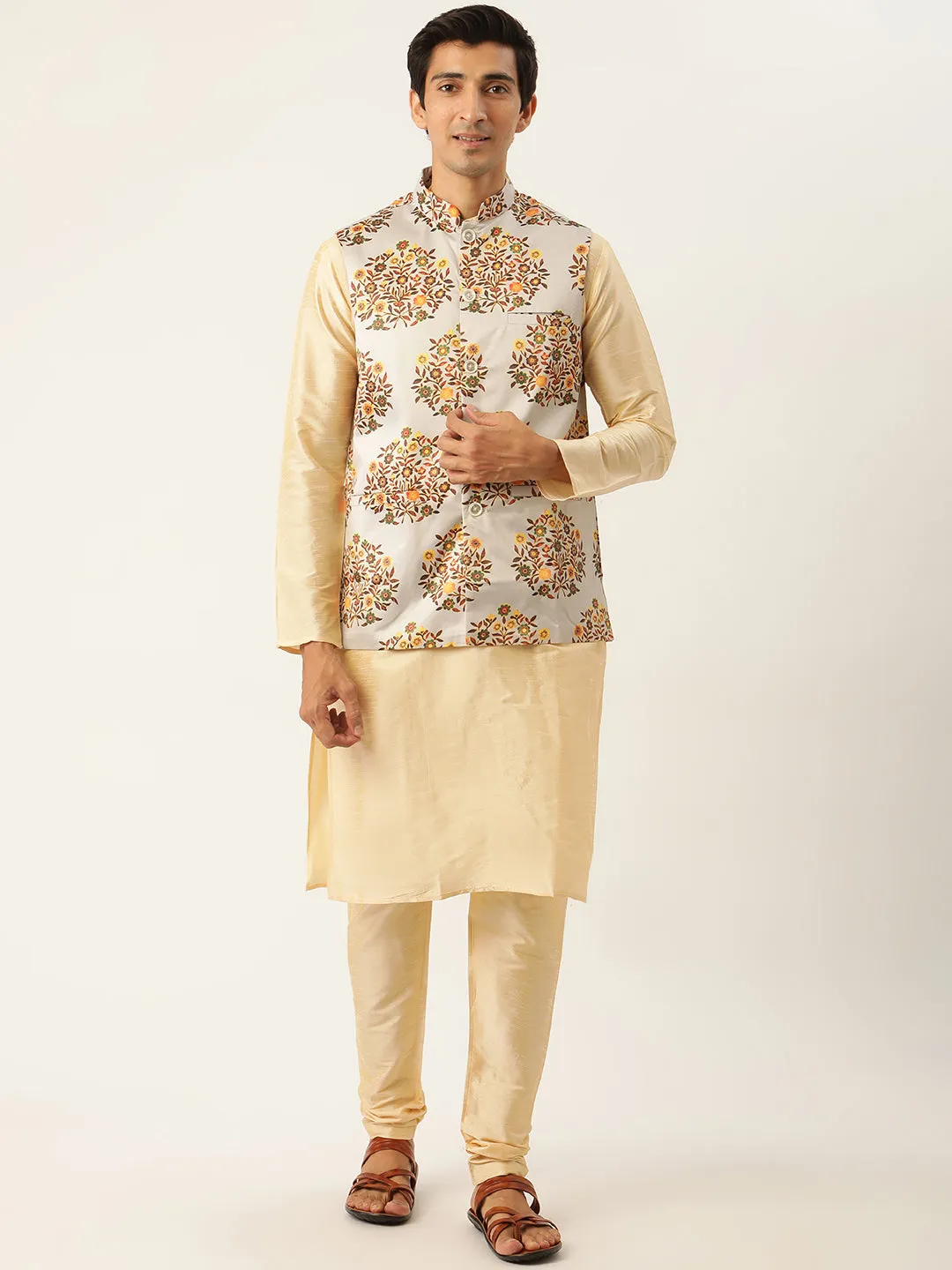 Men's Silk Blend Gold Kurta Pyjama & Lightgrey Nehrujacket Combo - Sojanya