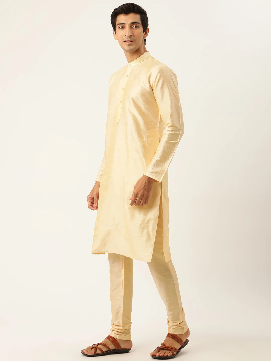 Men's Silk Blend Gold Kurta Pyjama & Lightgrey Nehrujacket Combo - Sojanya