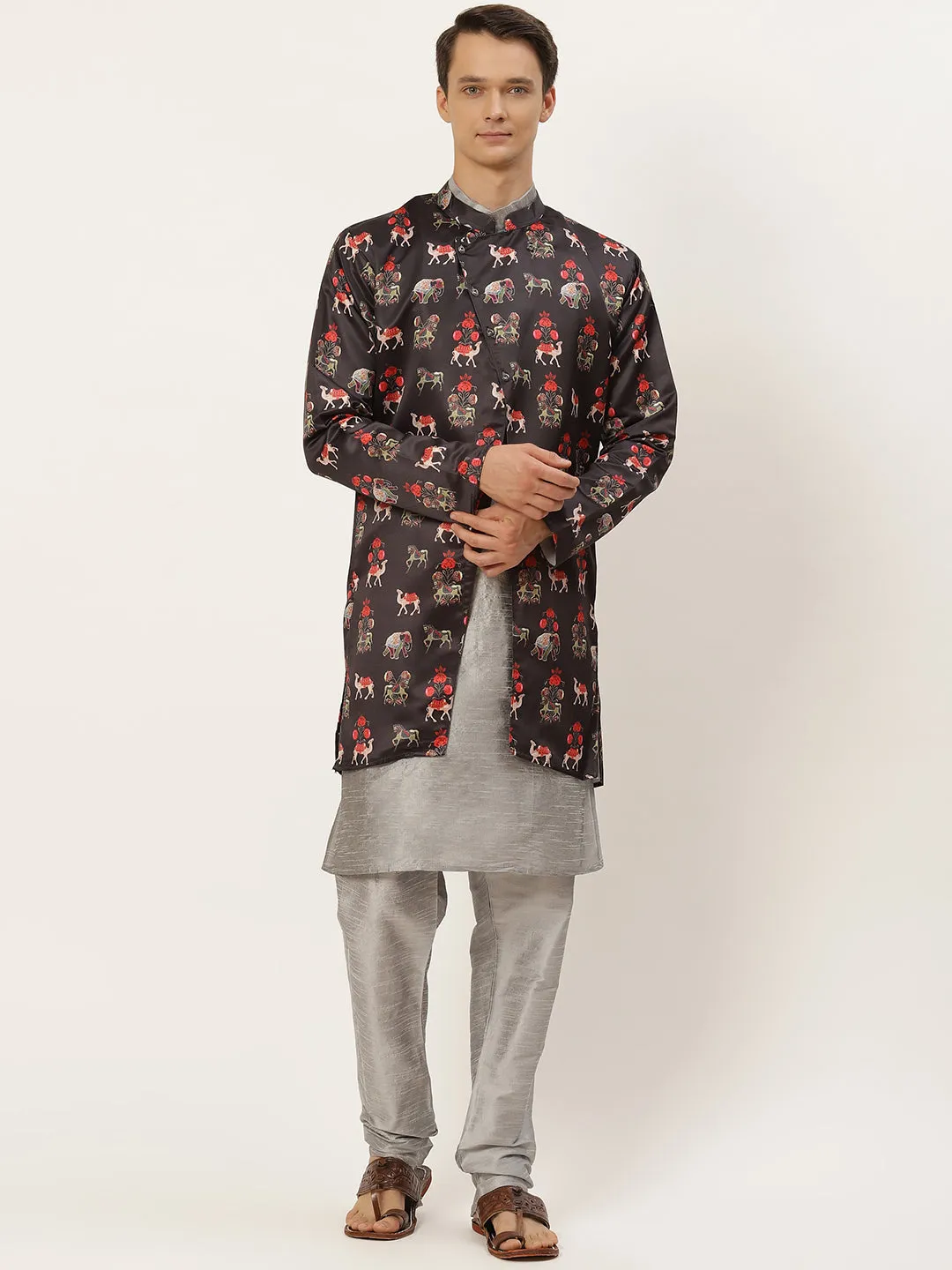 Men's Silk Blend Grey Kurta Pyjama & Black Jacket Combo - Sojanya