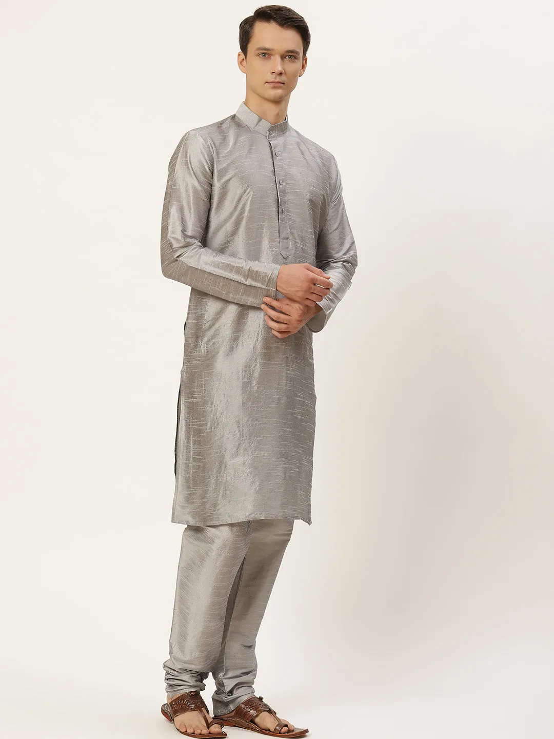 Men's Silk Blend Grey Kurta Pyjama & Black Jacket Combo - Sojanya