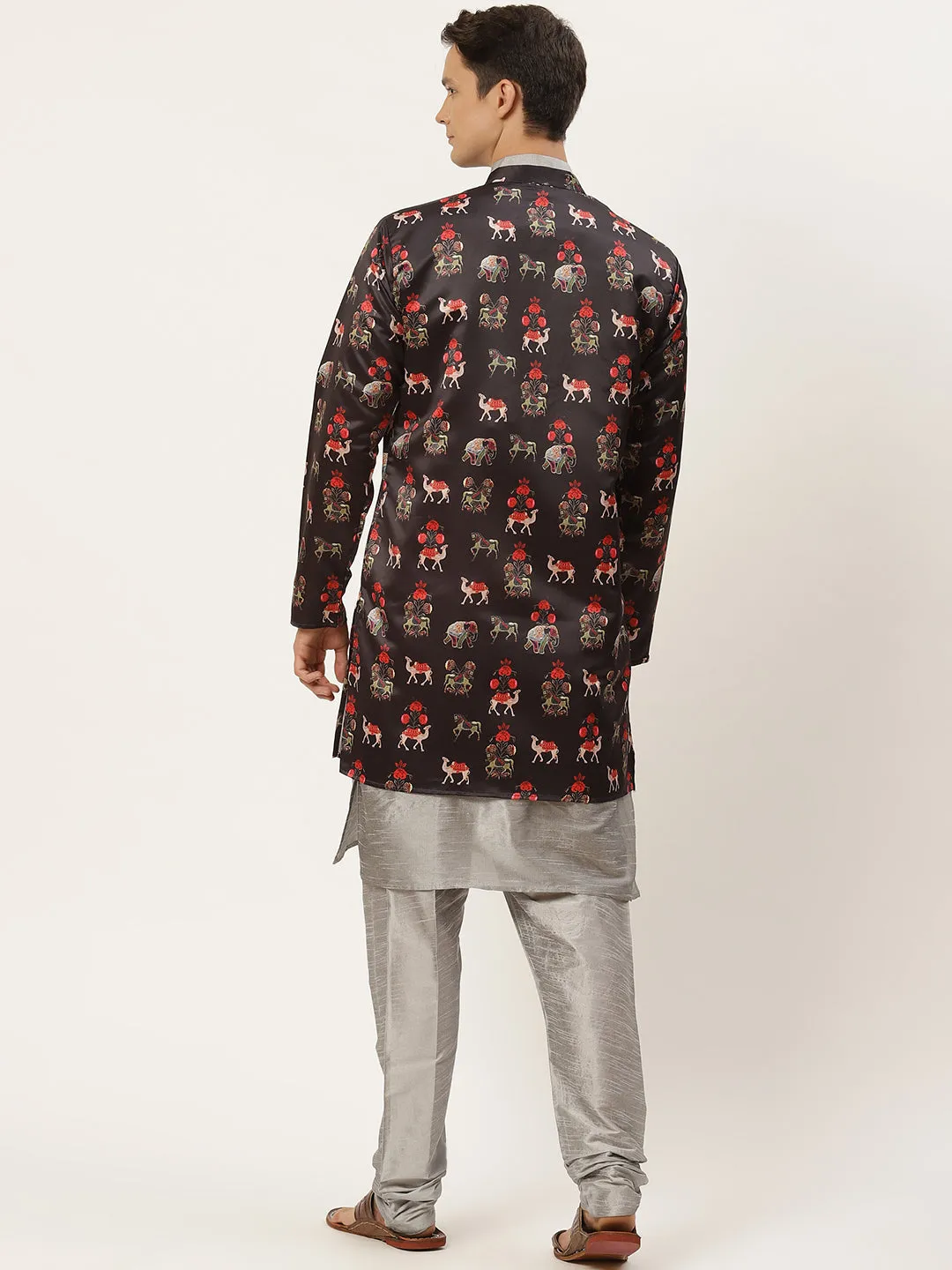 Men's Silk Blend Grey Kurta Pyjama & Black Jacket Combo - Sojanya