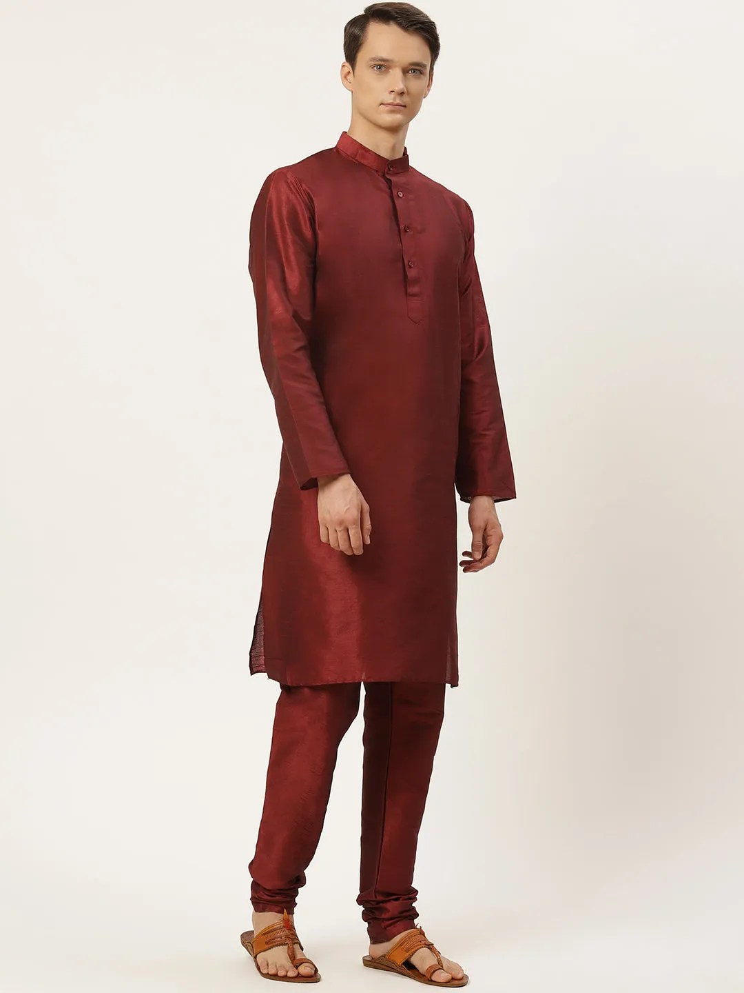 Men's Silk Blend Maroon Kurta Pyjama & Beige Jacket Combo - Sojanya