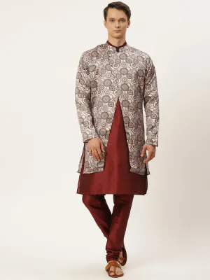 Men's Silk Blend Maroon Kurta Pyjama & Beige Jacket Combo - Sojanya