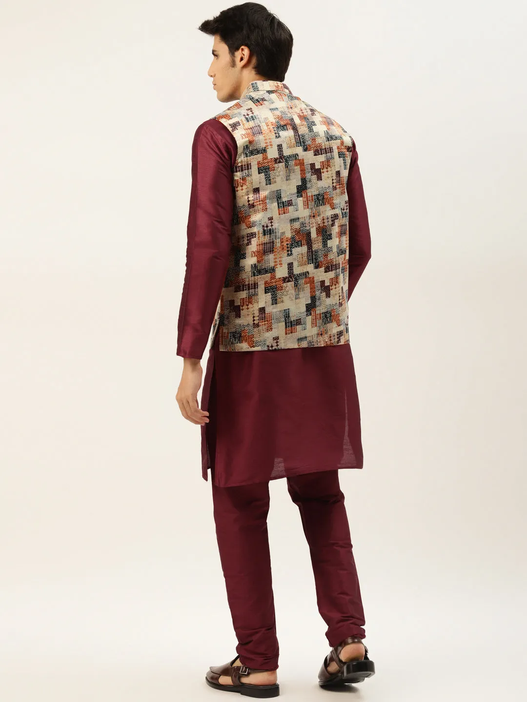 Men's Silk Blend Maroon Kurta Pyjama & Beige Nehrujacket Combo - Sojanya