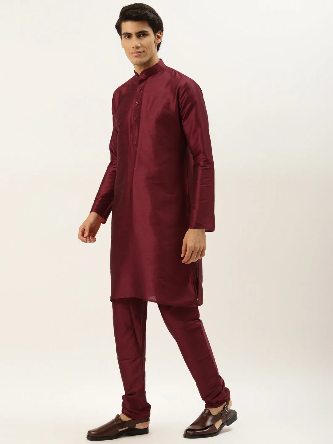 Men's Silk Blend Maroon Kurta Pyjama & Beige Nehrujacket Combo - Sojanya