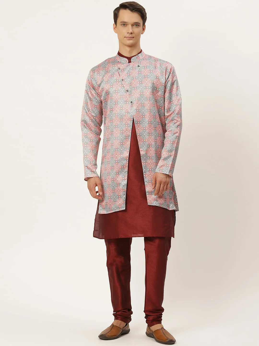 Men's Silk Blend Maroon Kurta Pyjama & Rust Jacket Combo - Sojanya