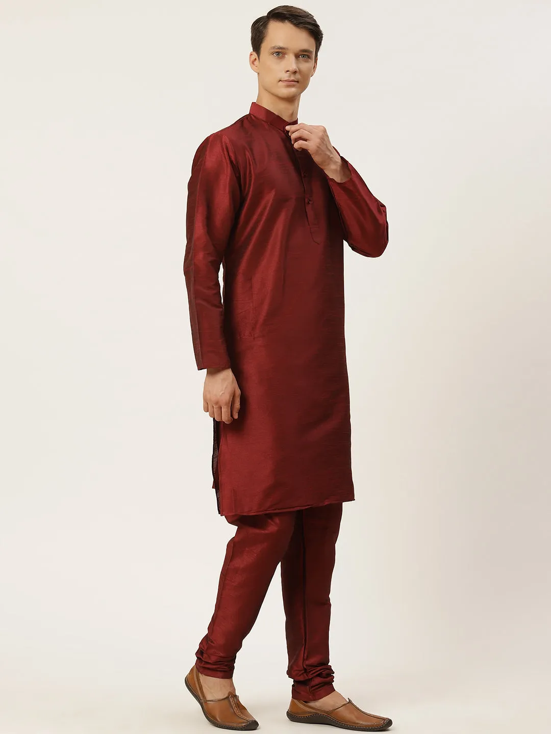 Men's Silk Blend Maroon Kurta Pyjama & Rust Jacket Combo - Sojanya