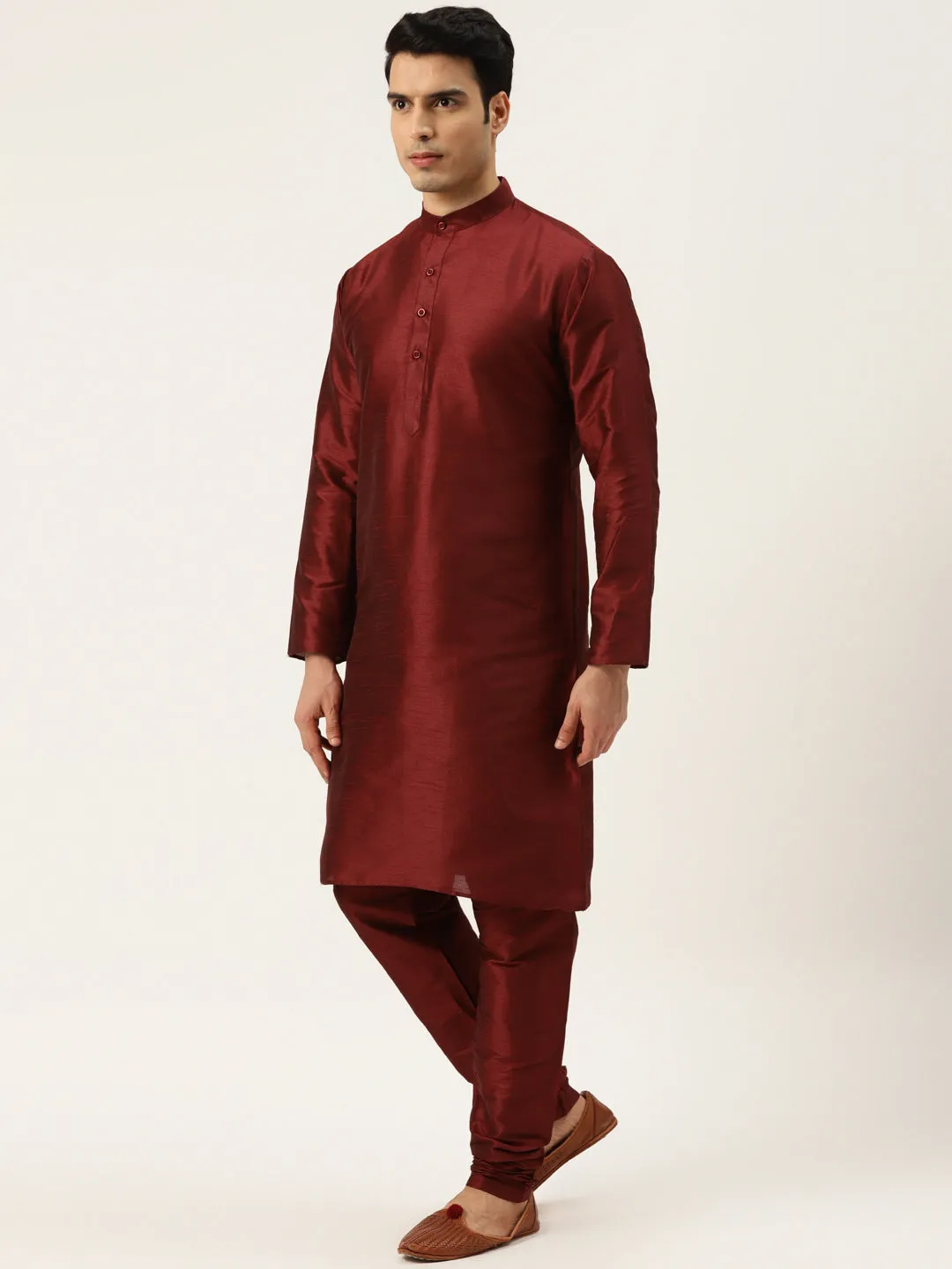 Men's Silk Blend Maroon Kurta Pyjama & Rust Sherwani Set - Sojanya